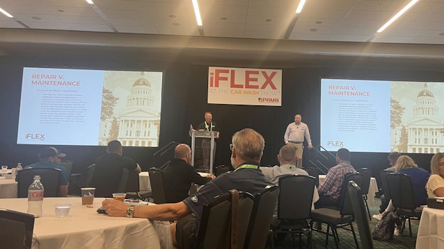 Matt Webb of Premier Oil Change (left) and Justin Cialella of Victory Lane Quick Oil Change (right) during the Government Affairs Update session.