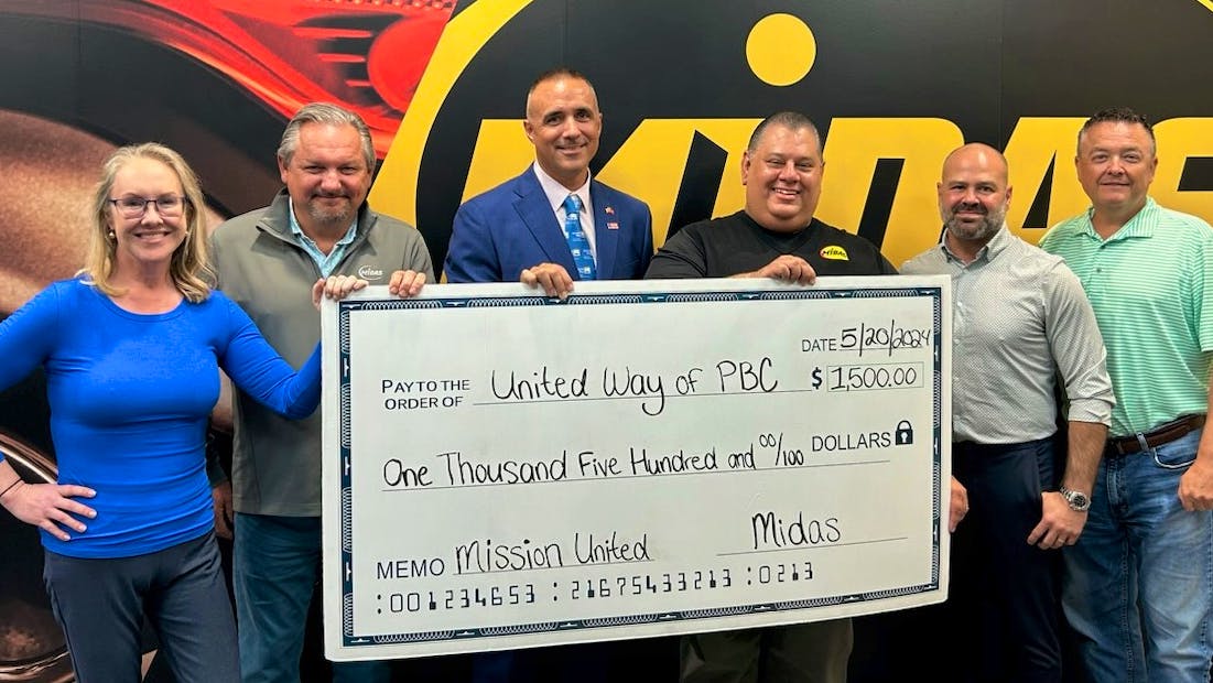 L to R: Phoebe Moll Hennessy, VP of Marketing & Merchandising for Midas; Ralph Luberda, Sr. Director of Sales and Operations for Midas; Jonathan Oakley, Senior Director of Mission United for United Way of Palm Beach County; Lenny Valentino, Jr., President and COO of Midas; Paul Elliott, Group Vice President of Franchise Marketing for TBC Corporation; and Mark Glore, Sr. Director of Strategic Initiatives for Midas.